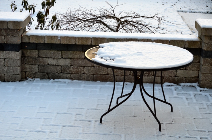 An puzzling pattern of disrupted snow is seen on our patio table the morning of Christmas eve.  Image Credit: Joel Duff